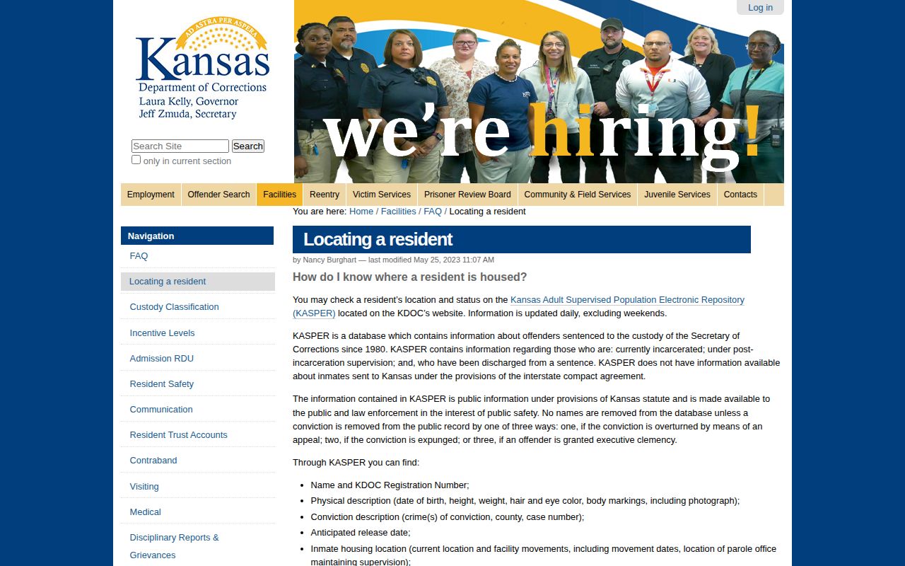 Kansas corrections page describing released and discharged KASPER records