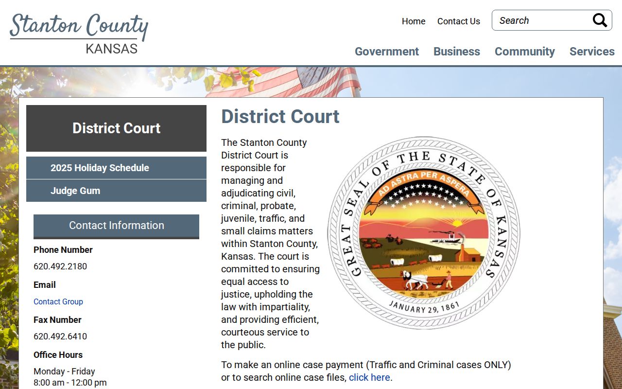 Stanton County District Court page with clerk contact and case search access